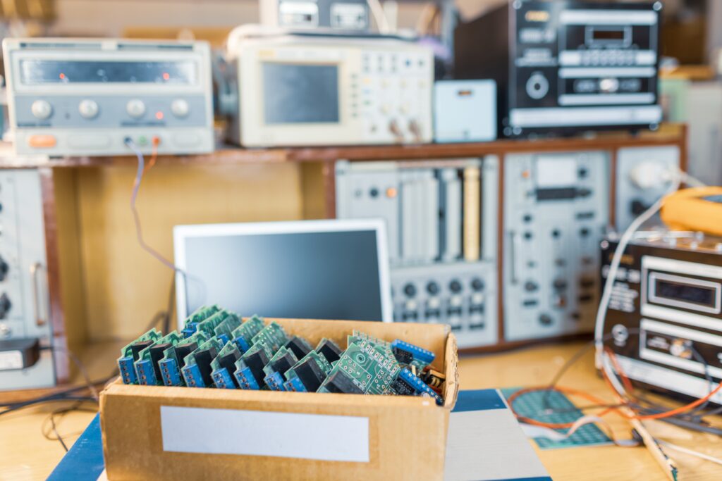 close up electric green embedded microcircuits in production